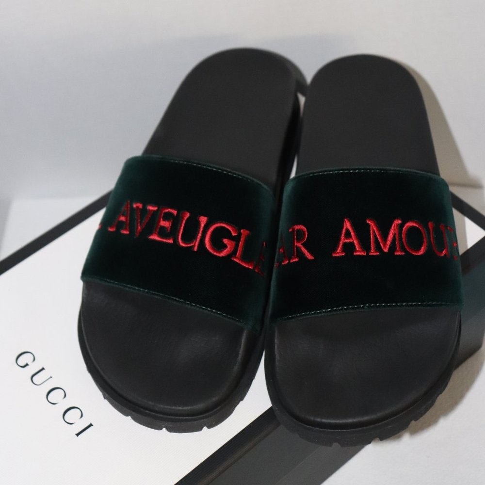 Webbed Gucci Slides (L'Aveugle Par Amour)